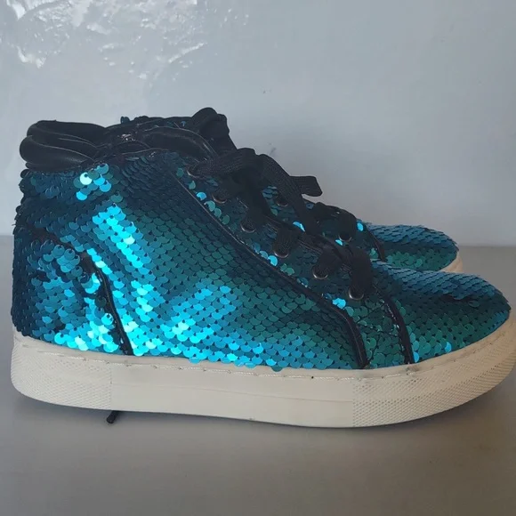 KidPik Reverse Sequin High Top Sneaker size 3 Blue Black - Picture 6 of 7